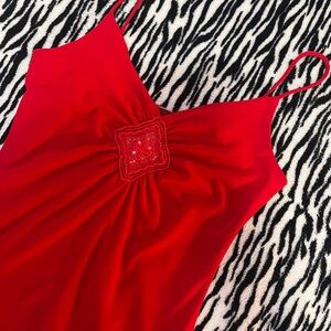 Red Floral Decor Strap Dress